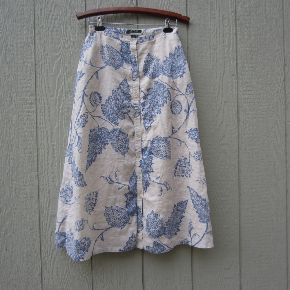 VTG Lauren Ralph Lauren Skirt size 4 Cream Linen Floral Button Front Midi Casua